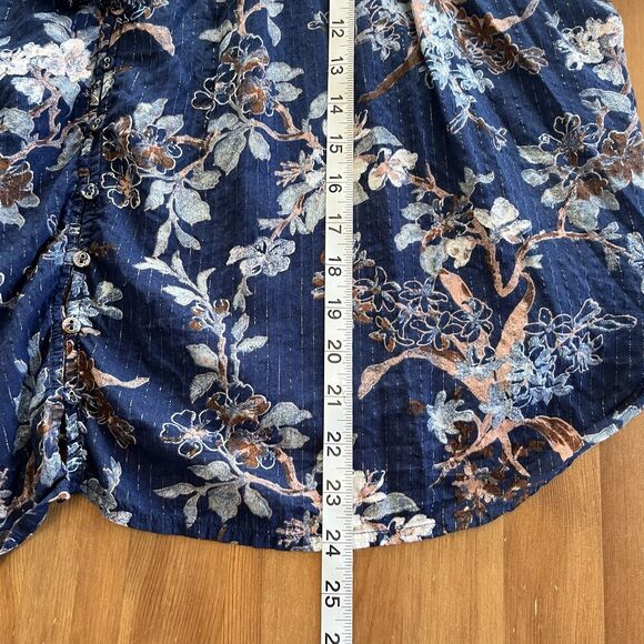 By Anthropologie Women's Blouse Size Large Long Sleeve Blue Floral Smocked Boho - Picture 12 of 12